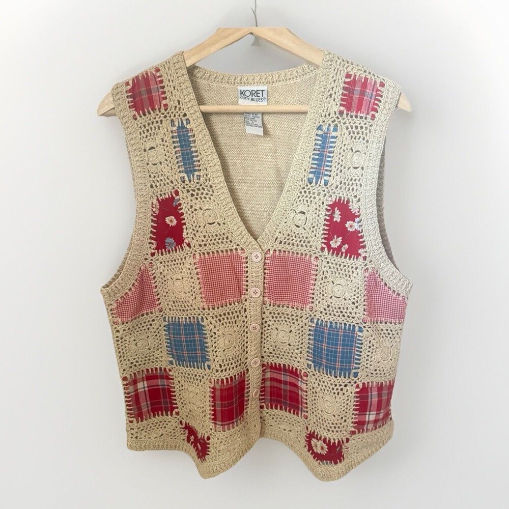 Crochet Hand Knitted Ramie Vest Patchwork L Cottagecore Boho Hippie Colorful
